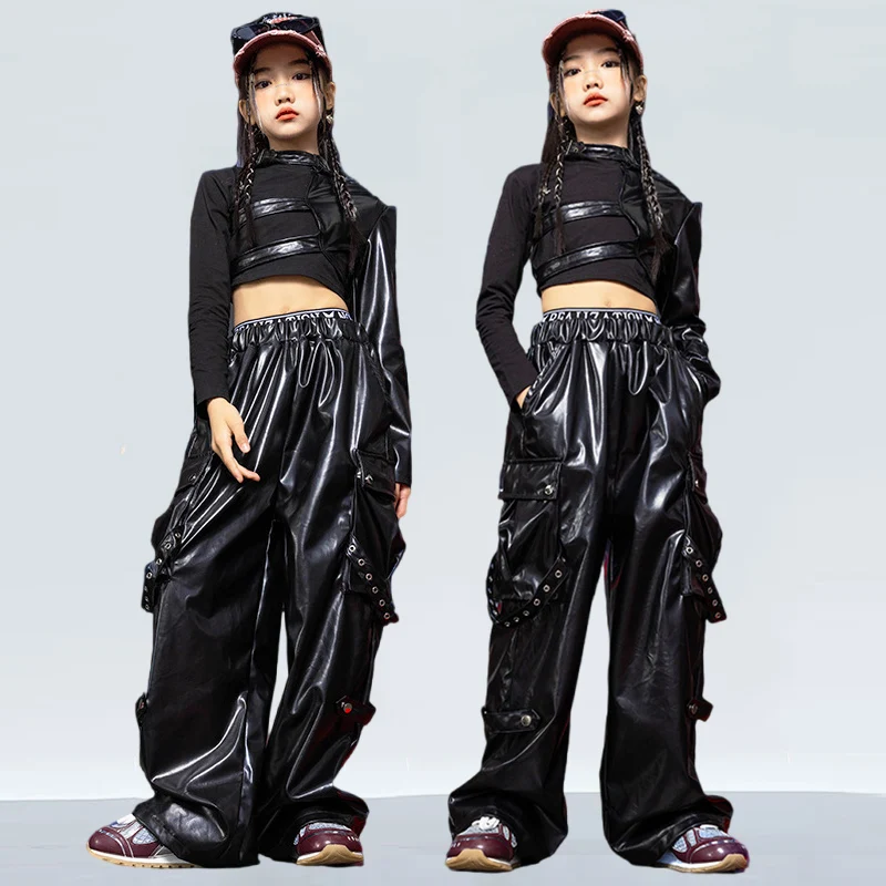 

Экипировка для джазового танца, модная одежда для девочек в стиле хип-хоп, модная одежда Kpop, детская одежда для уличных танцев, черные топы, мешковатые брюки 1693