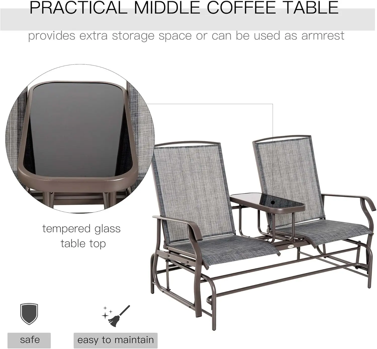 Buiten Zweefvliegtuig Bank Met Middentafel, Metalen Frame Terras Loveseat Met Ademende Mesh Stof En Armleuningen Voor Backyar