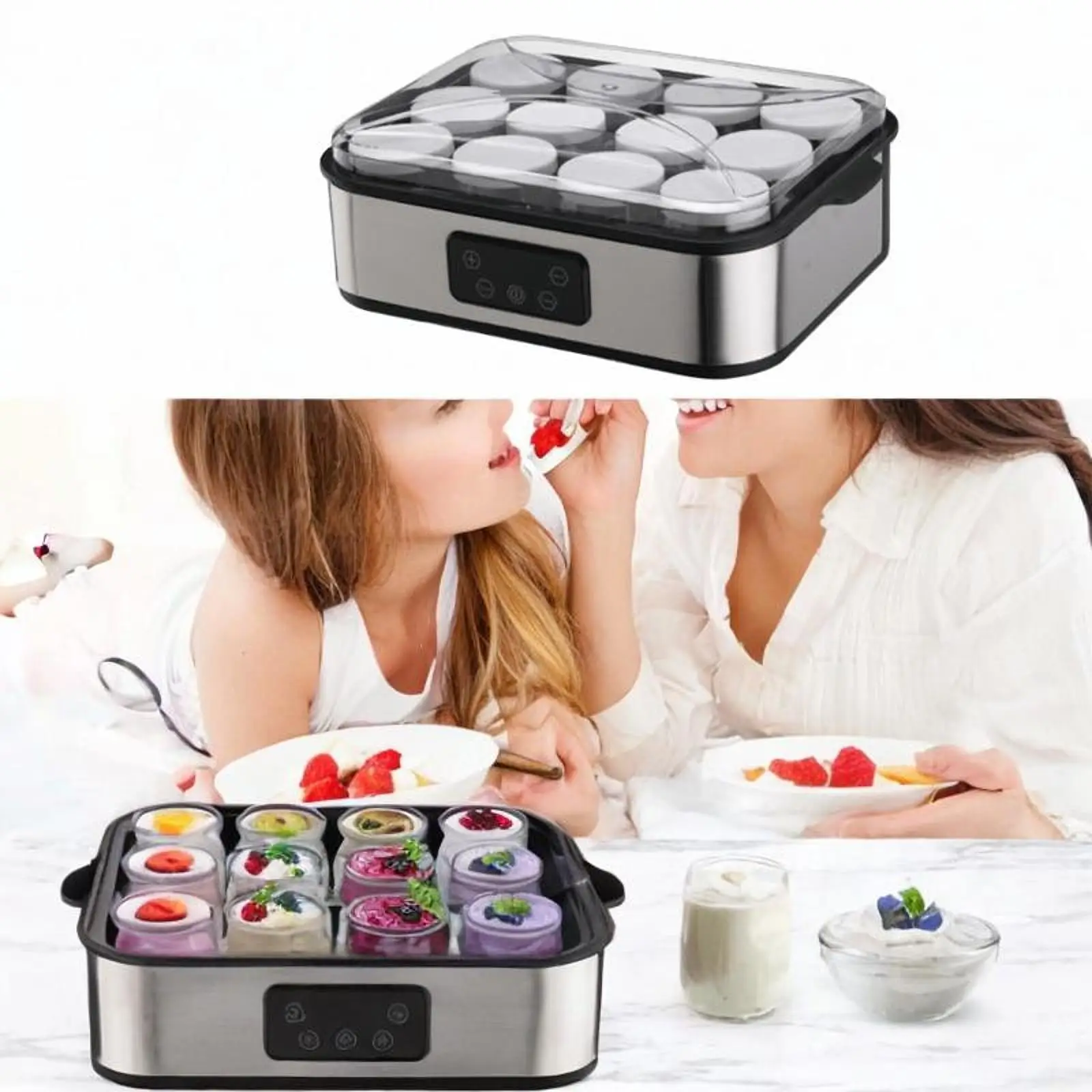 

Yogurt Maker Homemade Stainless Steel Liner with 12 Glass Jars for Party Dining Room Kitchen Appliance Restaurant Milk Yogurts
