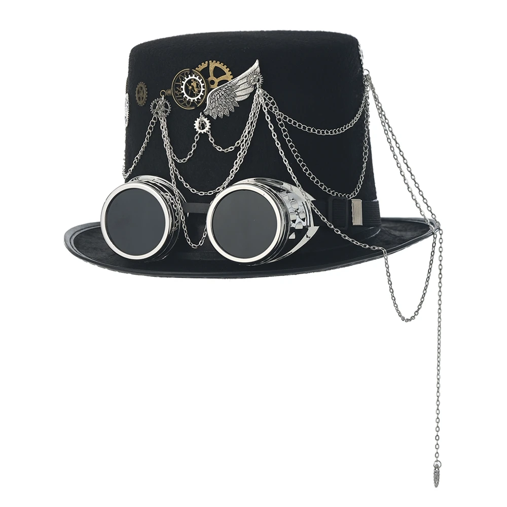 Steampunk Hat Men Women Goggles Feather Gears Head Wear Goth Lolita Black Fedoras Top Hats