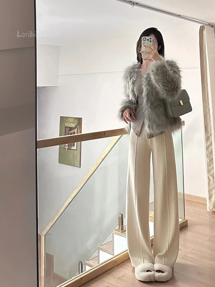 Slimming Woolen Knitted Wide-leg Pants Women's Autumn and Winter High Waist Hanging Loose Straight Leg Mouses Casual Pants