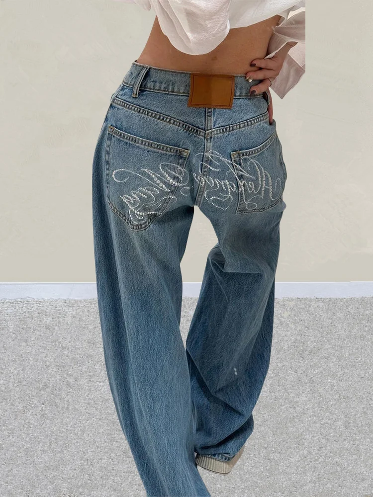 2025 Ropa Y2K Style Letter Hot Fix Rhinestone Baggy Stacked Jeans Pants For Women Clothing Luxury Wide Leg Lady Denim Trousers