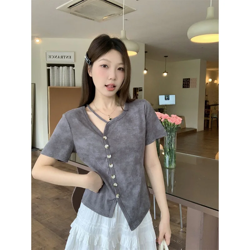 

Women Clothing Summer Korean Fashion Button Hollow Out Tie Dye V-neck Femme Fashionable Large Size Short Sleeve Pullover Tshirt