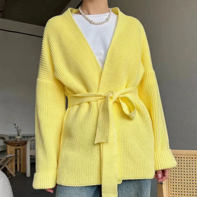 Casual Pit Streifen Gestrickte Spitze Up Strickjacken Herbst Winter Neue Einfarbig Langarm Pullover Dame Elegante V-ausschnitt Pendeln Jumper