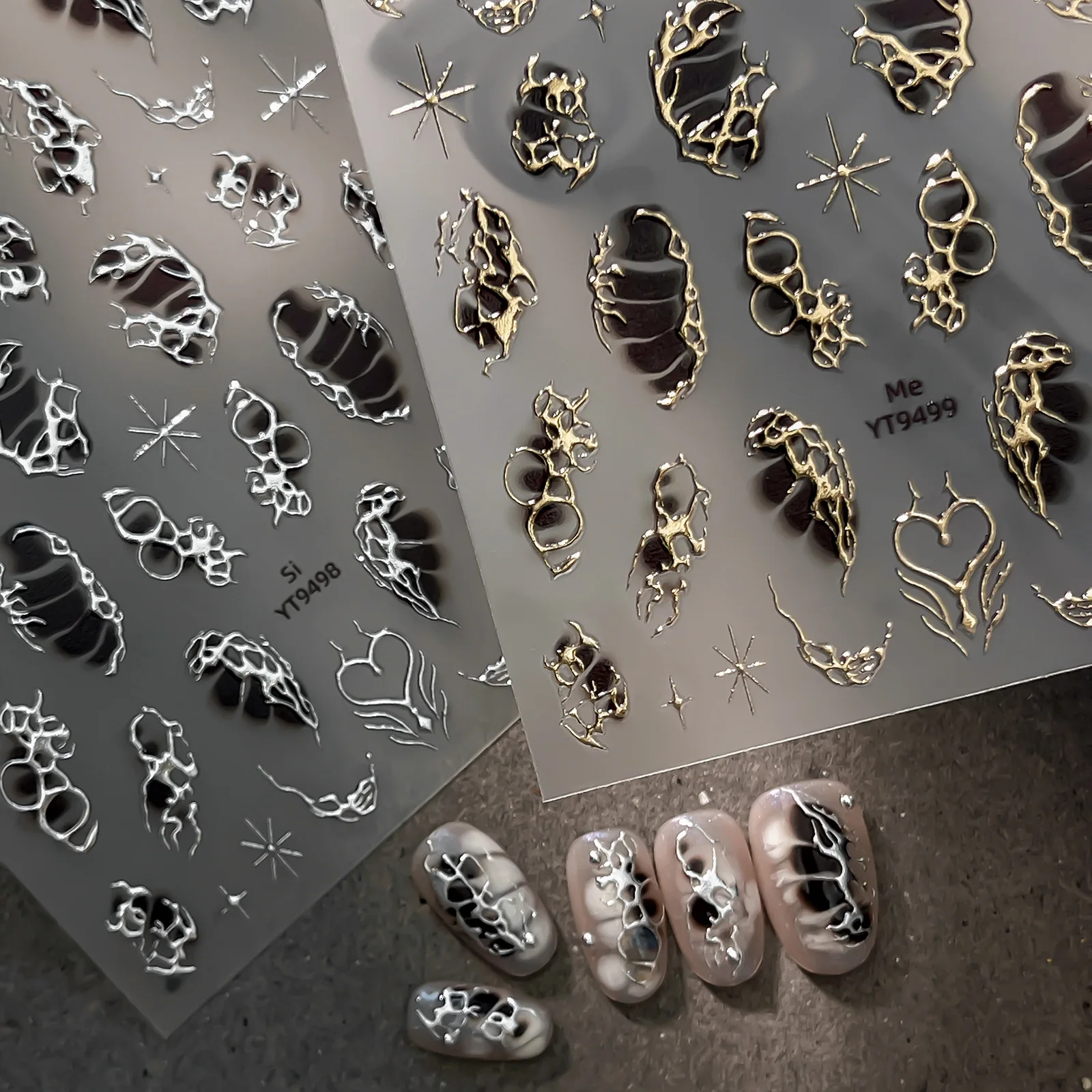 5D Hollow Liquid Metal Black Punk Nail Stickers Silver Gold Irregular Vortex Heart Star Decals Trendy Gothic Manicure DIY Decor