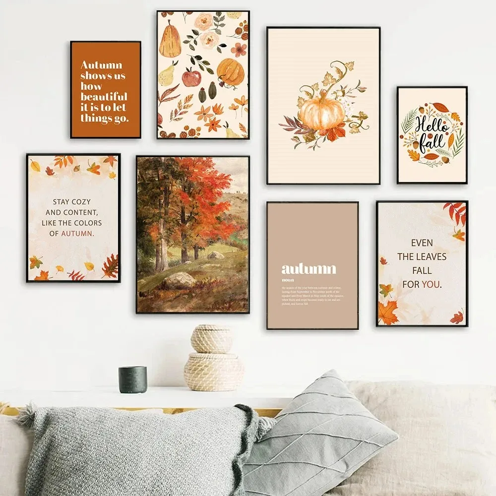 1pc Frameless Hello Autumn Pumpkin Canvas Painting Autumn Landscape Leaf Poster Printing Nordic Picture Living Room Home Decor