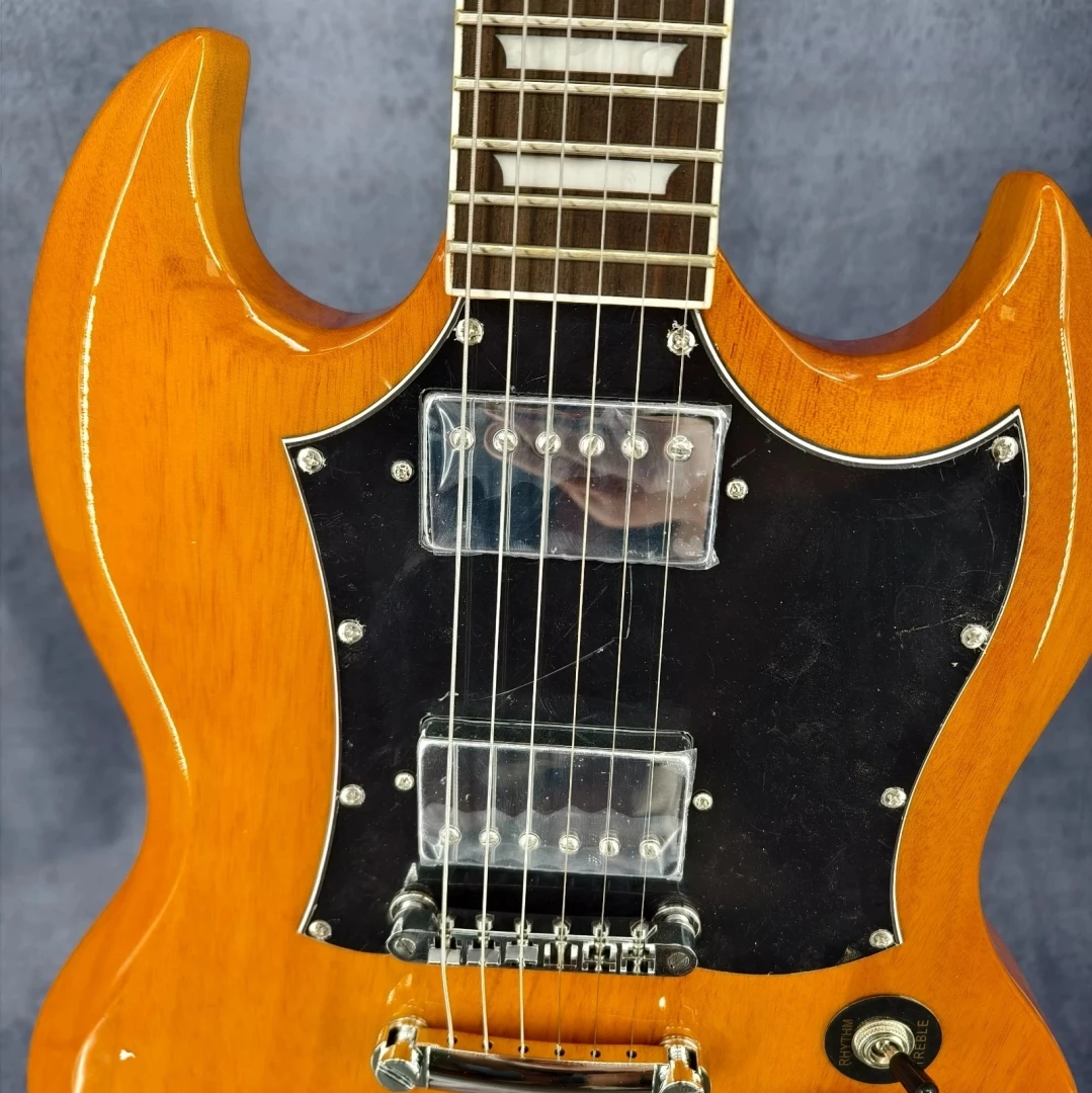 شحن مجاني جيتار كهربائي أصفر SG مع لوحة فريتس سوداء 2H أجهزة فضية لاقط