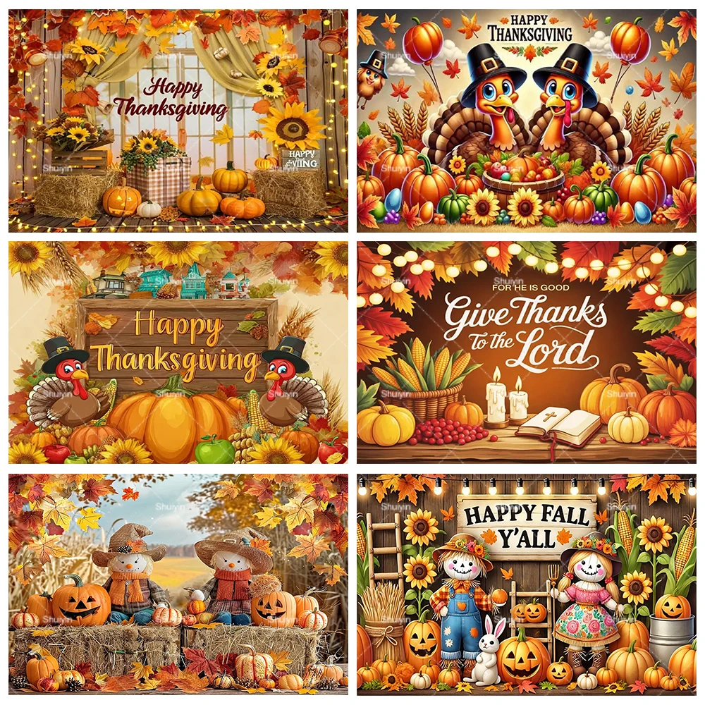 

Autumn Harvest Backdrop Happy Thanksgiving Party Decor Banner Turkeys Pumpkins Maple Leaves Baby Portrait Photography Background