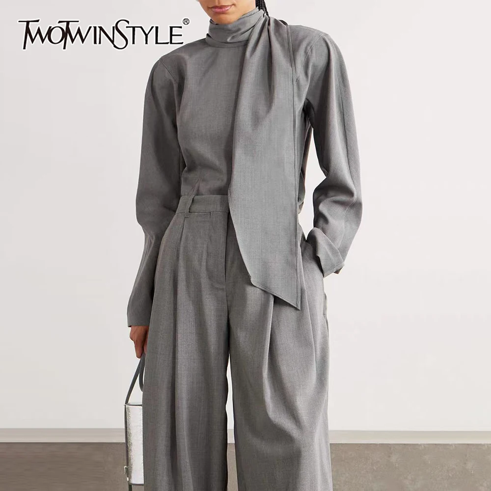 

TWOTWINSTYLE Gray Spliced Ribbon Korean Shirt Female Turtleneck Long Sleeve Loose Elegant Commute Women's Shirts Autumn Style