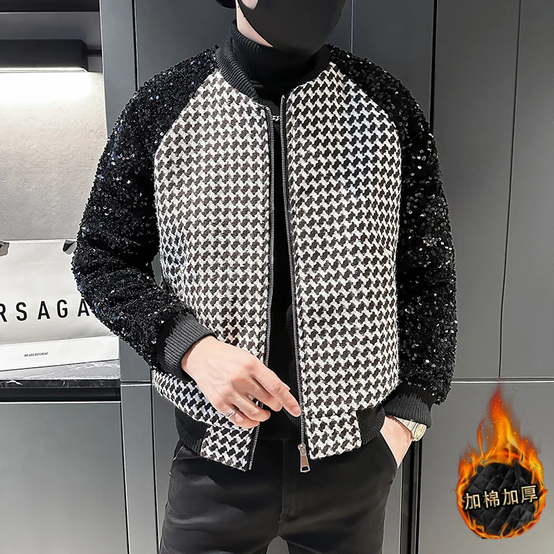 Luxury Sequin Patchwork Jacket for Men Winter Thickened and Warm Parkas Coat Casual Social Bomber Jacket Stage Nightclub DJ Coat