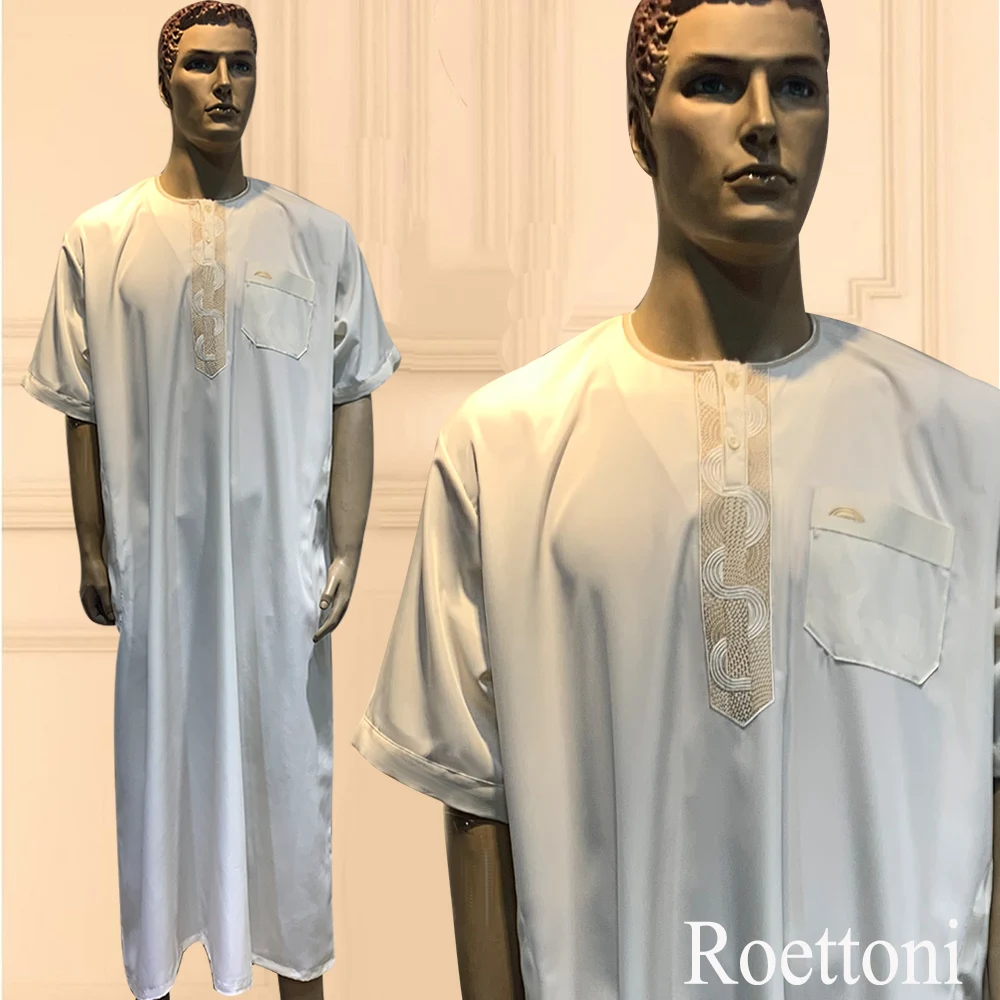 1 Piece Short Sleeve Loose Muslim Men\'s Prayer Dress Kaftan Jubba Thobe Matt Morocco Embroidered Maxi Robe Saudi Abaya New