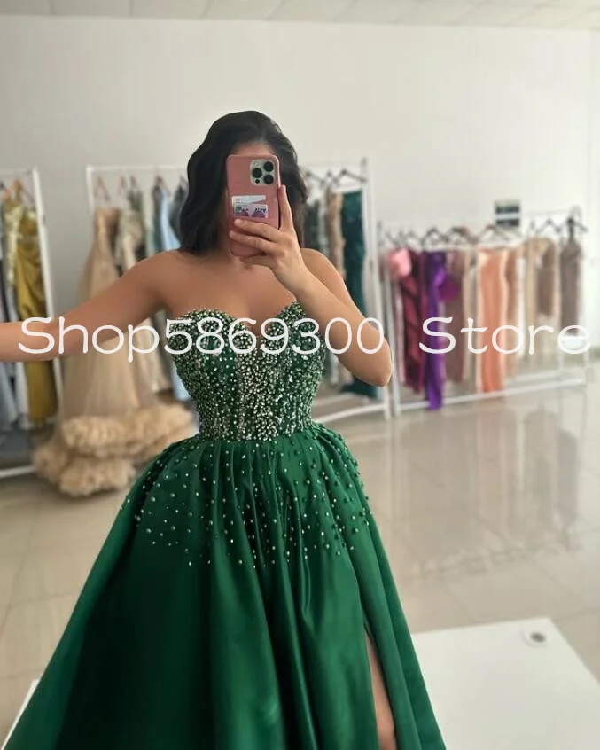 Sparkly Green Ankle-length Evening Formal Dresses 2025 Luxury Crystal Pearls High Slit Arabic Prom Occasion Gown Customsized