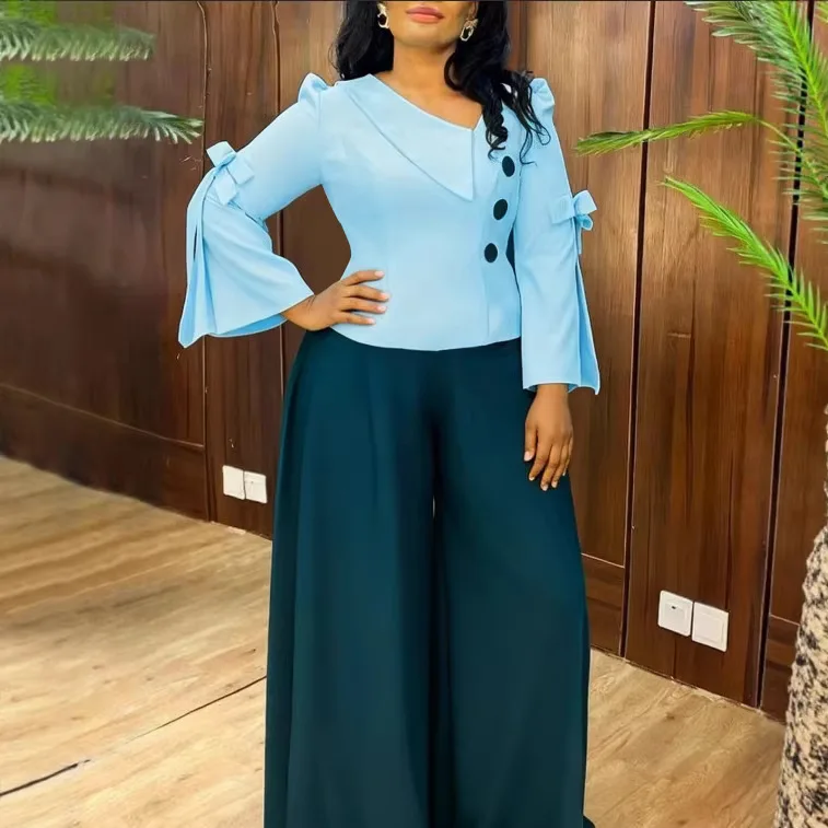 Fashionable Two-piece Set For Commuting With Contrasting Colors, Featuring A Slanted Collar, Bow-tie Waist-cinching Top, And