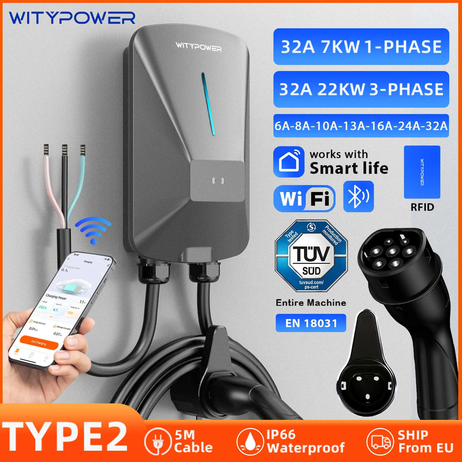 WityPower Type2 EV Stazione di ricarica Wallbox 7KW 22KW Stazione di ricarica rapida con controllo app Caricatore per auto elettrica per Tesla BYD