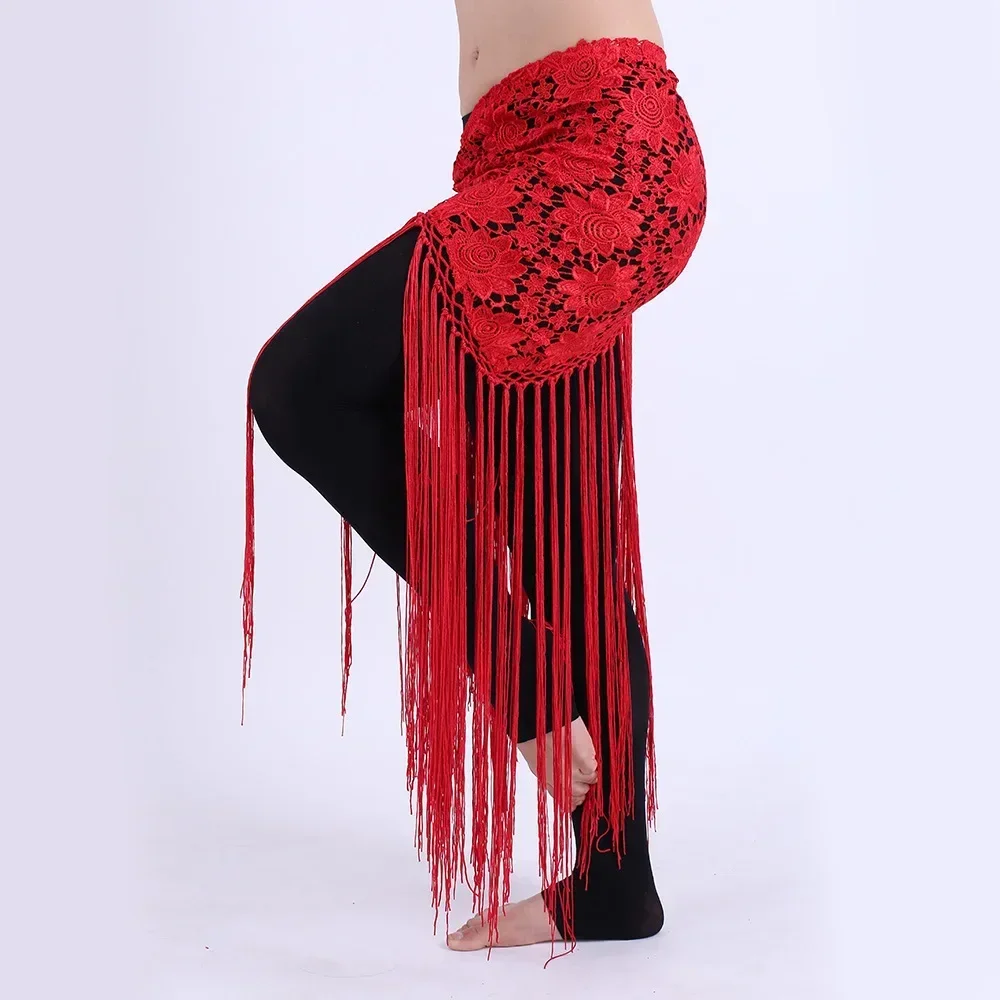 Performance Belly Dance Waist Chain Water-soluble Lace Tassel Red Triangle Scarf Hip Scarf Performance Practice Waist Scarf