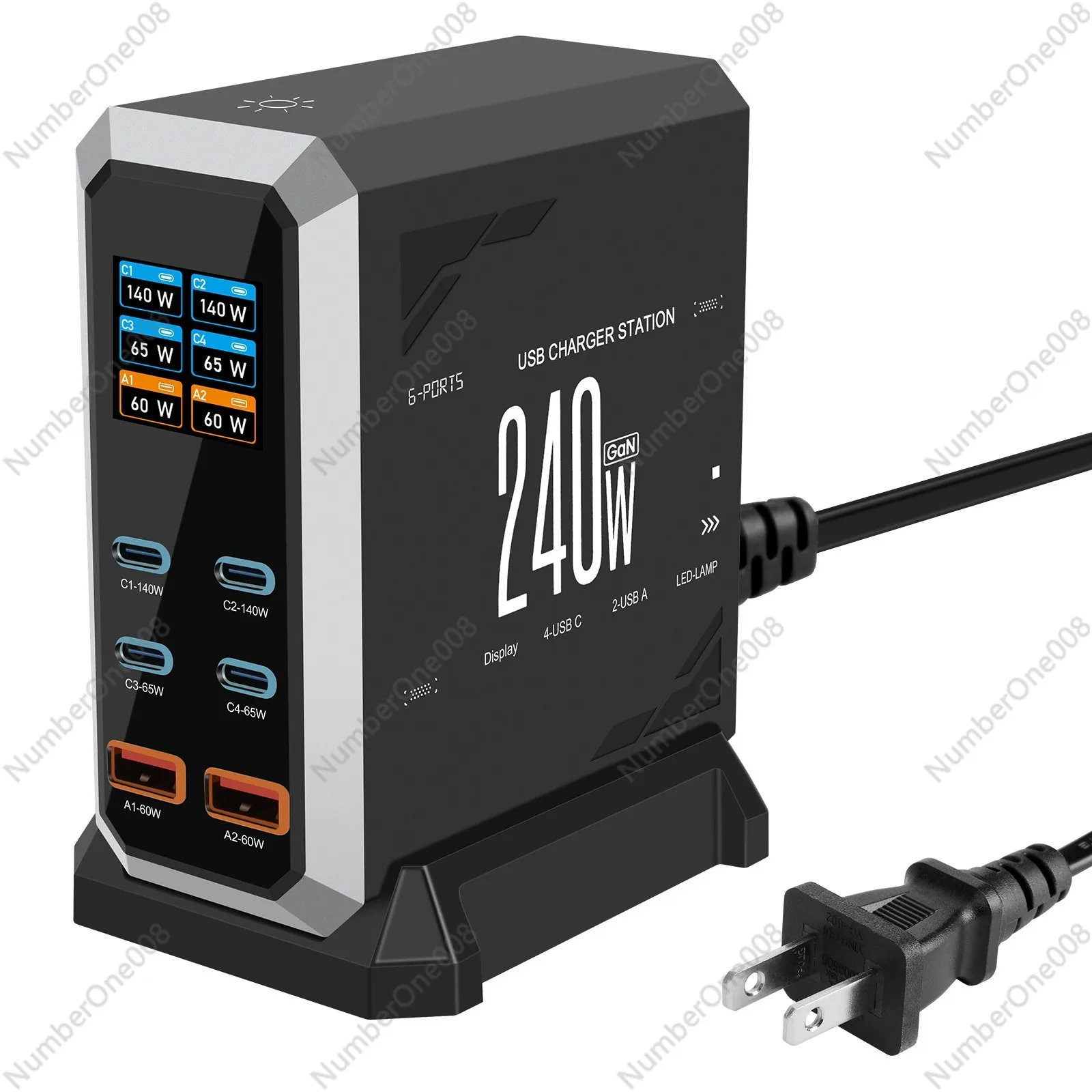 

Зарядная станция GaN 240 Вт для рабочего стола, 6-портовое USB-C зарядное устройство с быстрой зарядкой PD3.1 140 Вт, цифровой дисплей, многопортовый зарядный хаб