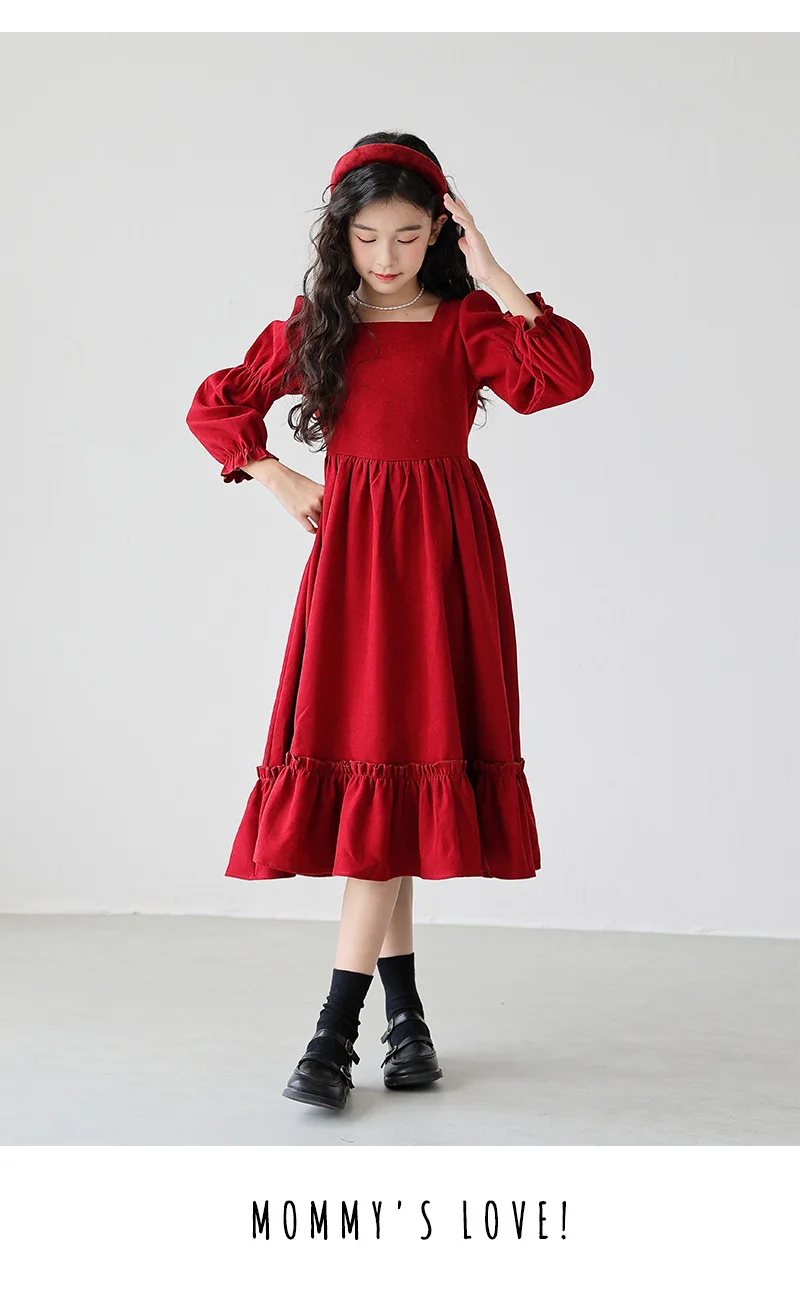 Kinder Mädchen Langarmkleider Herbst UNITIM 4-14 Jahre Kinder Mädchen Kleid mit quadratischem Kragen Rotes Kleid mit Rüschen Junior Mädchen Prinzessinnenkleider – Detail 3