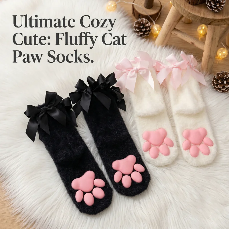 Calcetines Térmicos de Invierno para Mujer con Diseño de Pata de Gato y Lazo de Peluche, Calcetines Suaves para el Hogar, para Cosplay de Lolita, Calzado de Interior con Diseño de Animal