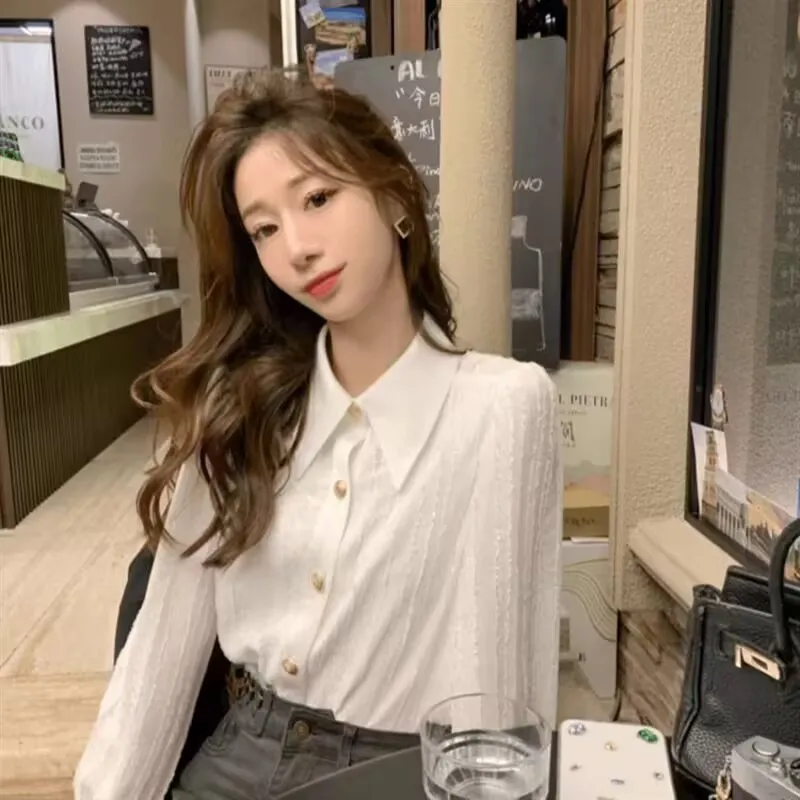 Primavera otoño mujer camisa de manga larga Oficina señora elegante camisa Base blanca blusa nueva 2025 invierno mujer camisa de lana cálida