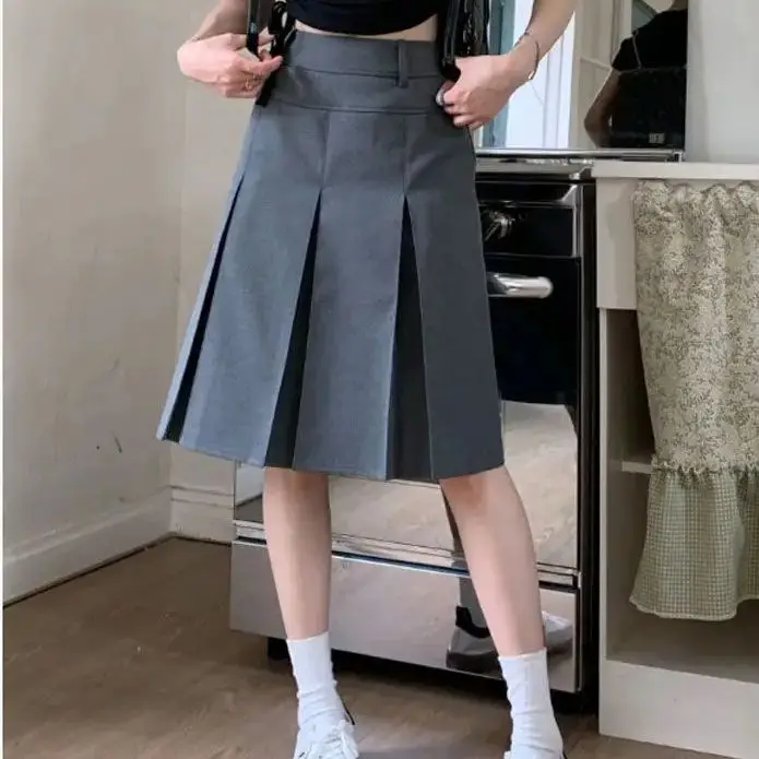 

pleated skirt high quality Reversible high waist preppy Fashion Gray plus size Skirt for Women 2024 Summer New suit midi skirt