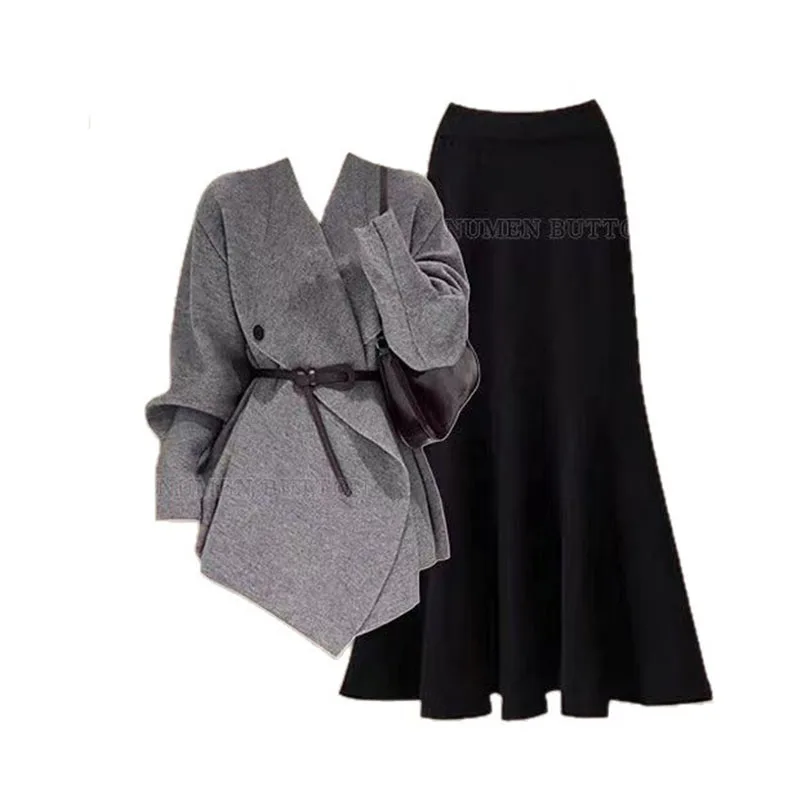 

Autumn Korean Style Women's Light and Mature Non Collision Jacket Paired with Temperament Knitted Fishtail Skirt Two-piece Set