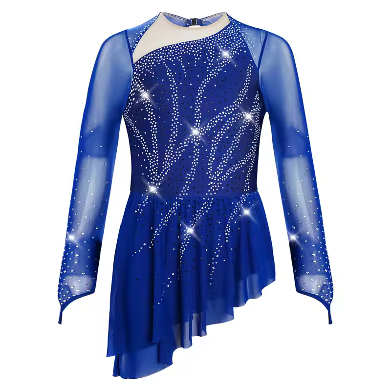 Kids Girls Figure Skating Rhythmic Gymnastics Leotard Dress Asymmetrical Split Shiny Rhinestones Contrast Color Dress Ballerina - Image 8