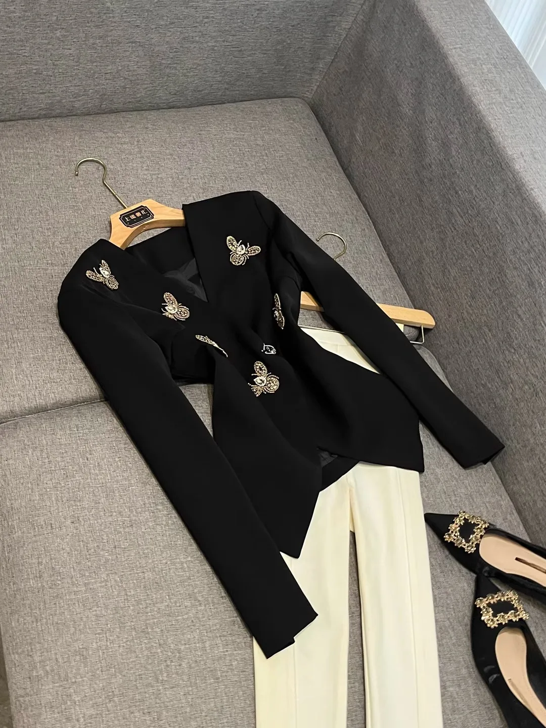 

Ele Briti Sle Women's Suit Jaet Winter 2025 New Arrival X36 Long Sve Double Breasted Pure Color Faion Wear