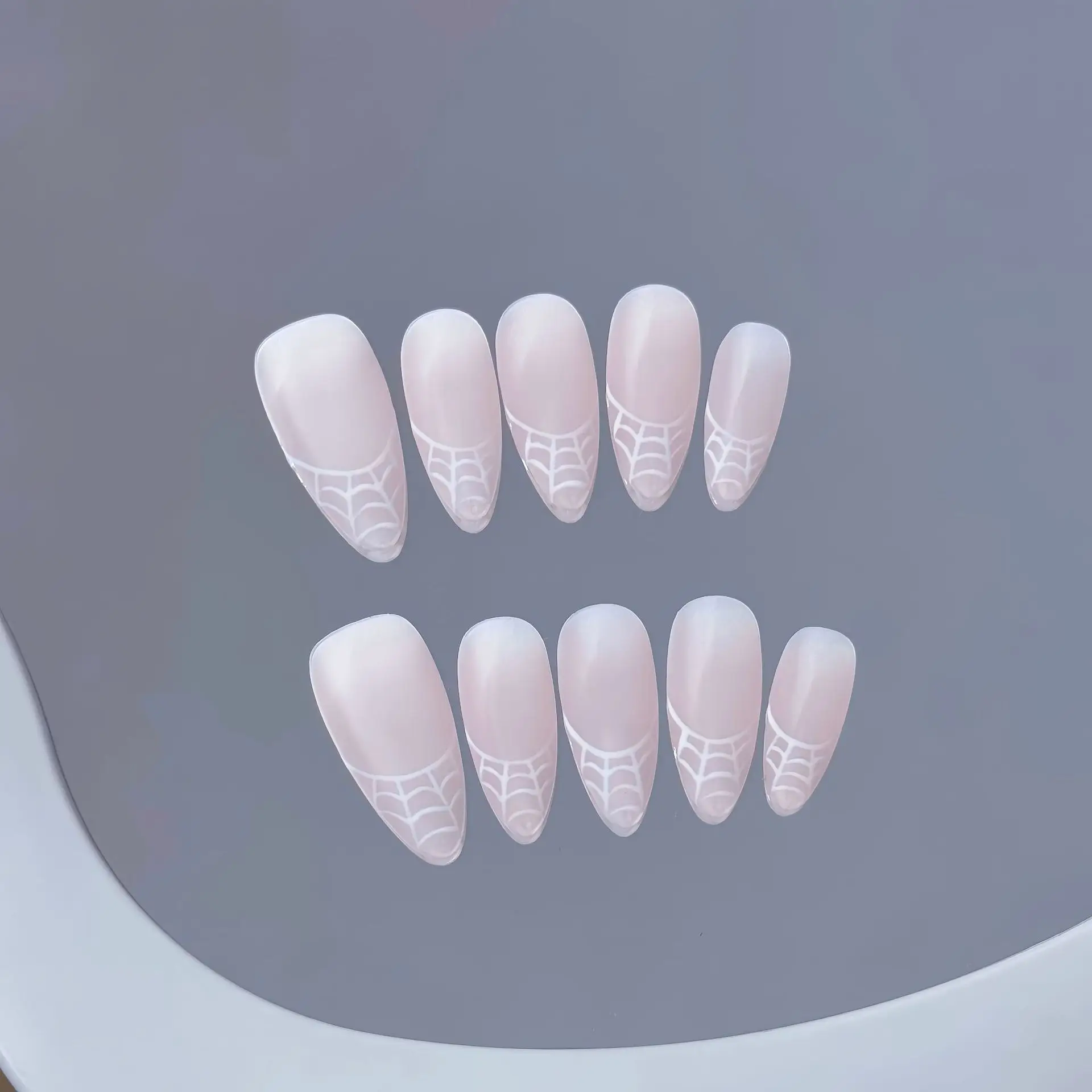 10pcsHandmade Almond Y2K Press on Nails Nude Pink Powder Matte Spider Mesh Design Sweet Cool False Nail Wearable Nail Spice Girl