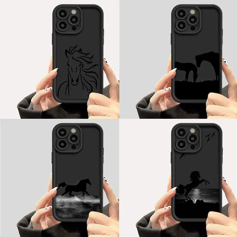 Horse Black Phone Case for iPhone 15 14 13 12 11 Pro Max Plus 13 Mini X XR XS MAX 8 7 Protection Silicone Soft Cover Coque