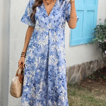 French Vintage Floral Print Midi Dress Women Summer Elegant V-Neck Short Sleeve A-Line Party Dresses Boho Beach Vacation Vestido