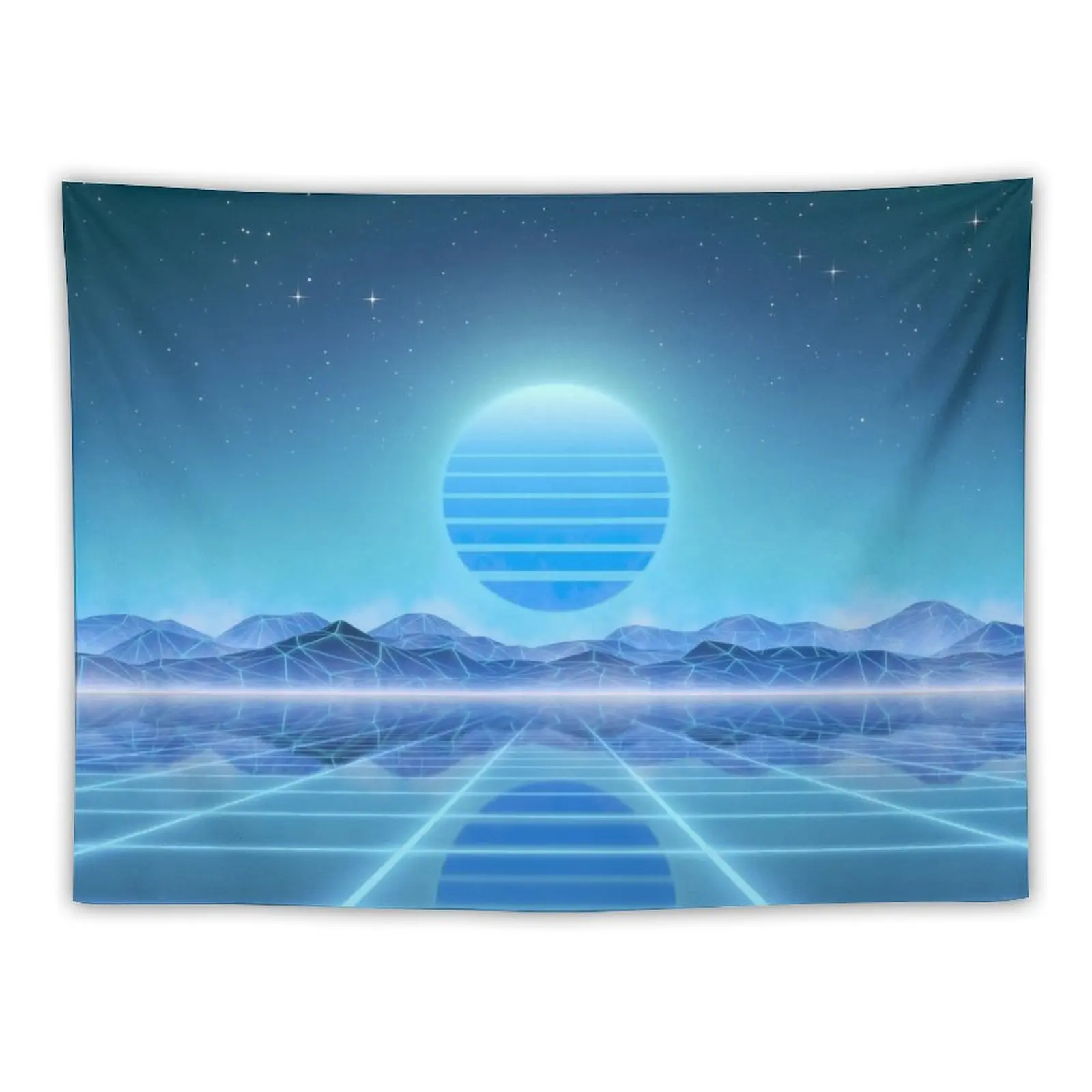 

80s retro sun in synthwave landscape (Blue) Tapestry Decorative Wall Mural Art Mural Tapestry