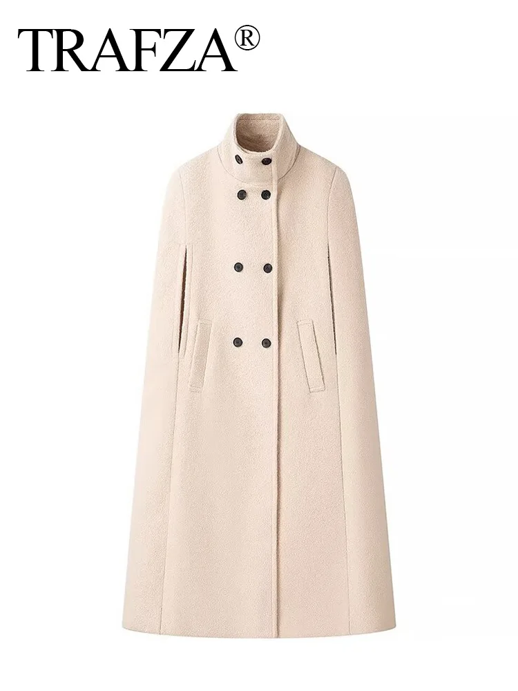 

TRAFZA Women Winter Casual Coats Solid High Collar Sleeveless Pockets Double Breasted Decorate Female Fashion Long Woolen Coat