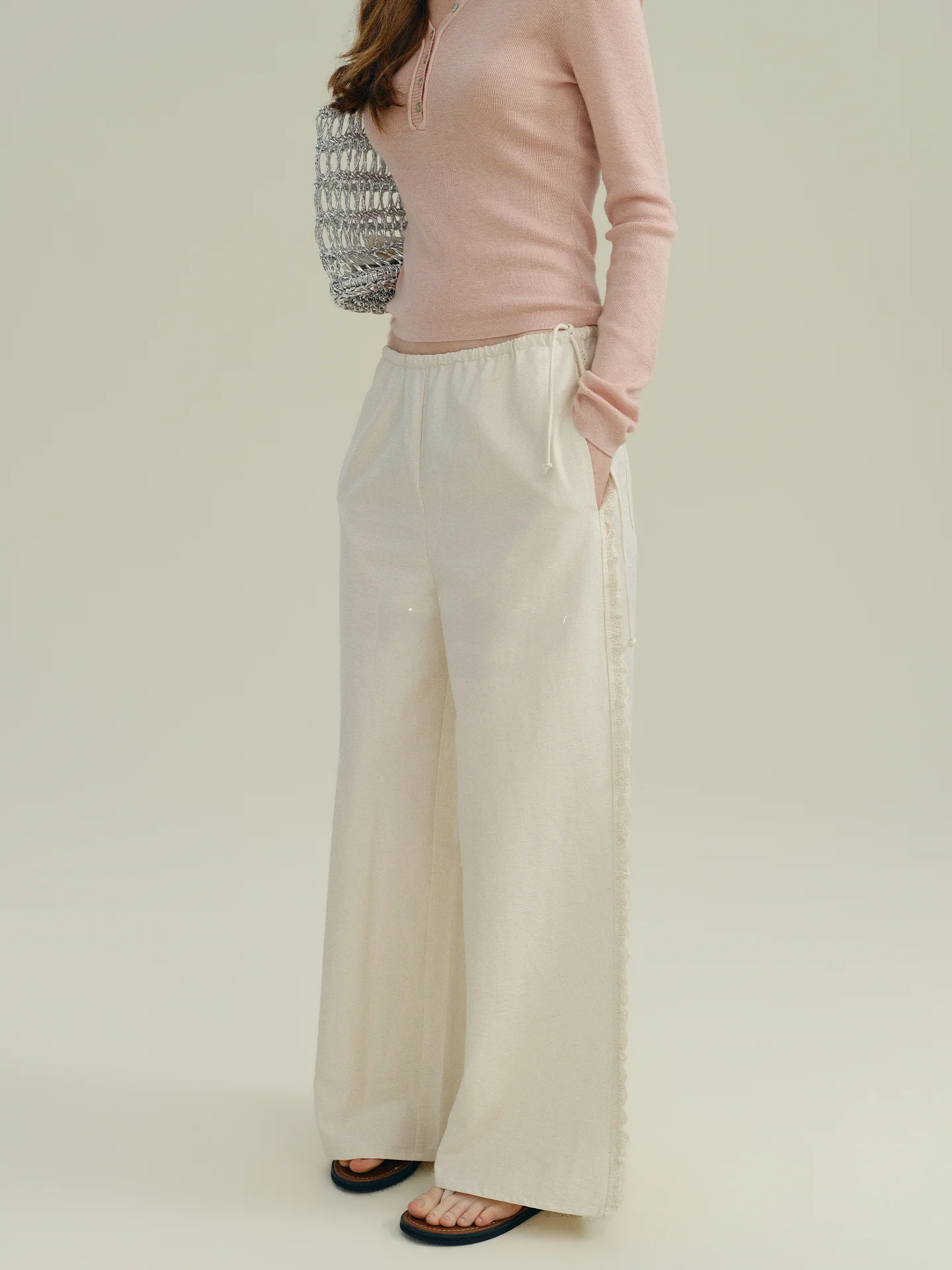 Rina Berry High Waist Wide Leg Casual Pants with Drawstring And Lace up Sides Loose Fitting Comfortable Breathable Cotton