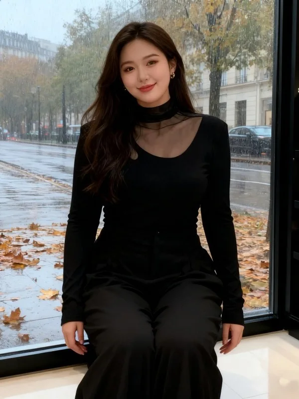 

Футболка размера плюс Sexy Me ter Ne Long Sve, осень-зима, Fce Lined Brued Base irt, внутренняя одежда, повседневная одежда