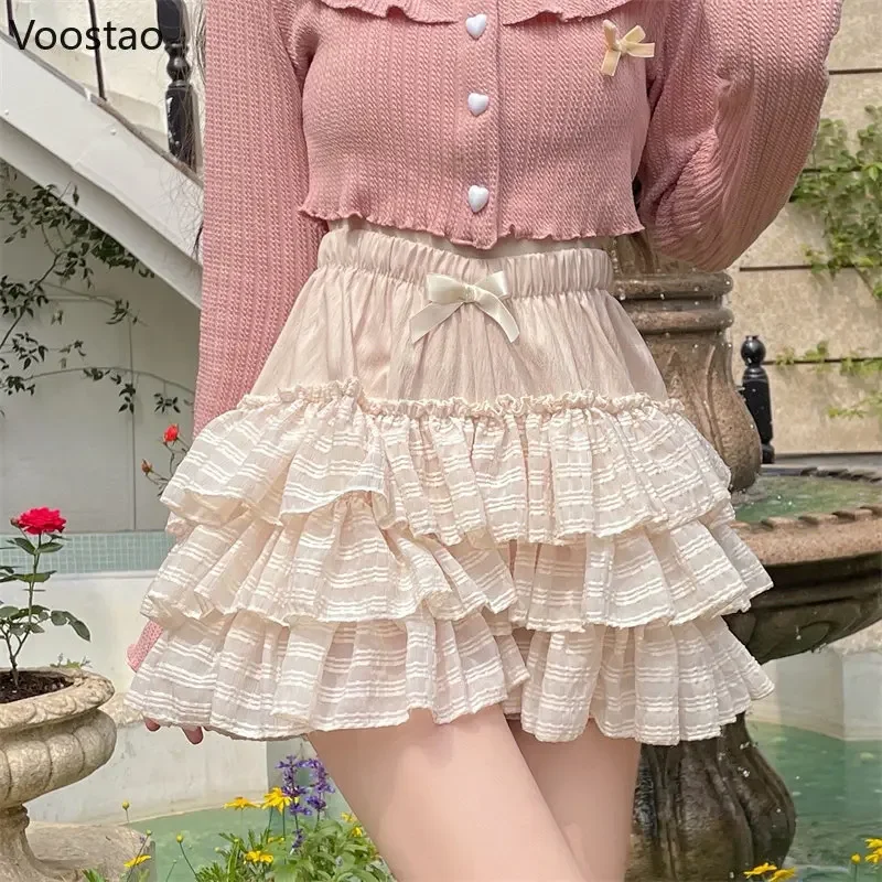 Japanese Kawaii Lolita Mini Skirt Women Summer Cute High Waist Bow Ruffles Tiered Skirts Girly Korean Fashion Princess Skirts XC