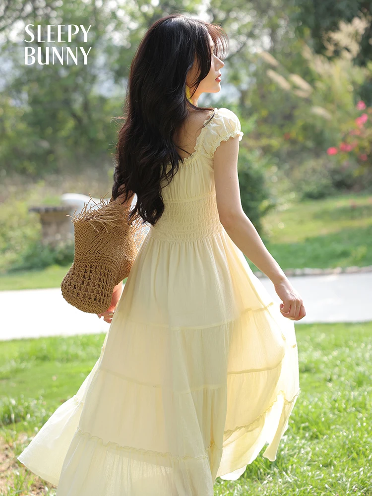 Verão estilo francês vestido de pescoço quadrado para mulheres doce plissado manga cintura alta em camadas bainha maxi vestido de verão fino ajuste saia fluida