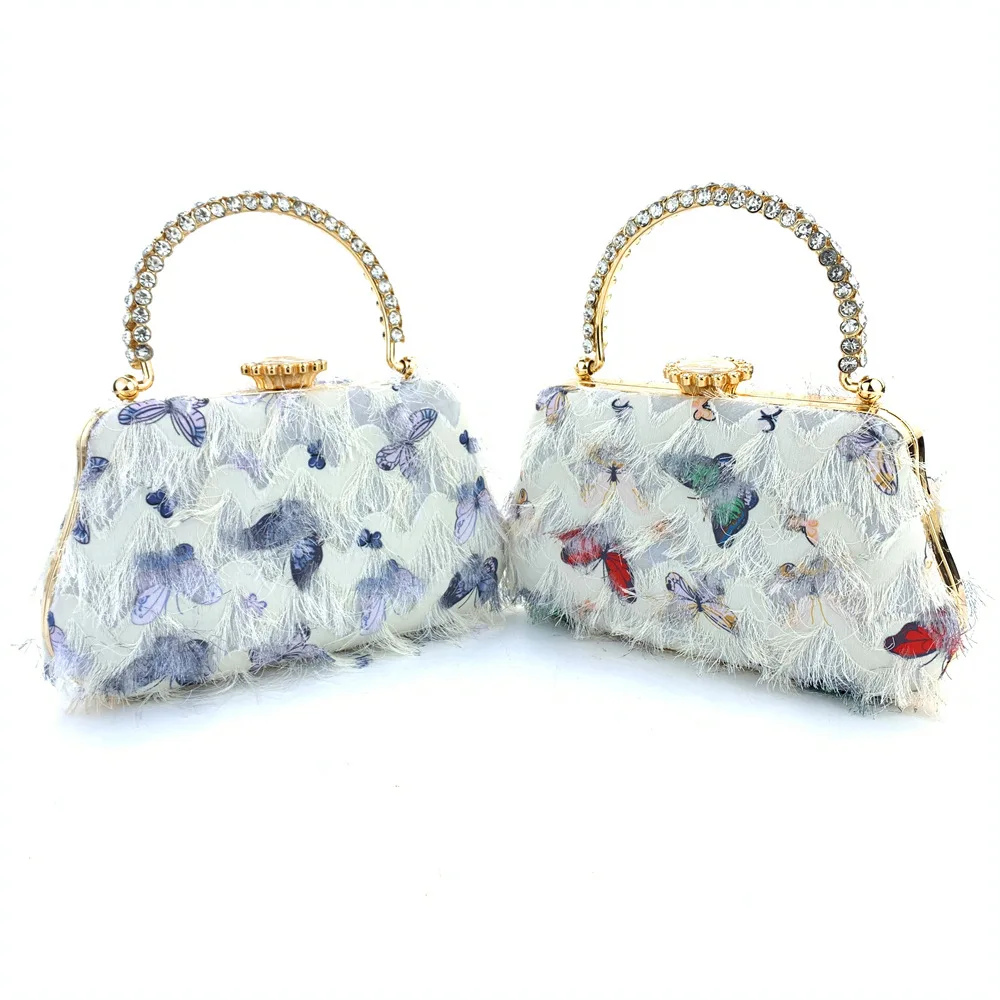 Fine Fashion Butterfly Embroider Evening Bags Metal Rhinestone Handle Handbags For Women Wedding Party Tassel Small Clutch Purse