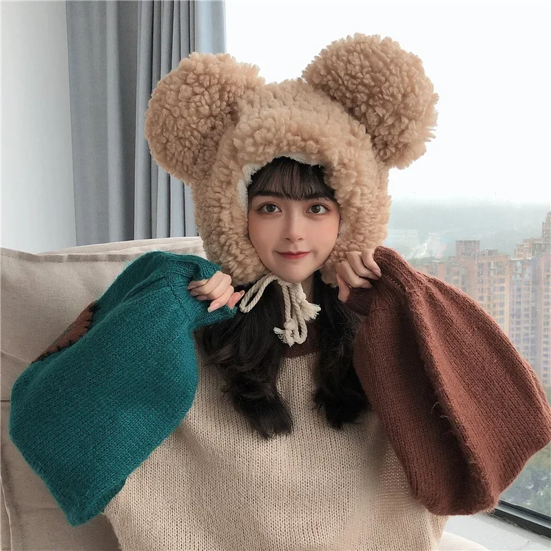 

Autumn Winter Thicken Plush Warm Womens Cute Beanie with Bear Ears Earflap Hat Windproof Beanie Hat with Drawstring Chin Strap