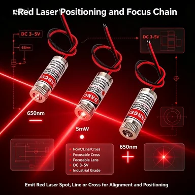 Industrial Red Laser Head 5mW 650nm, Adjustable Focus Dot/Line/Cross, Glass Lens for Alignment