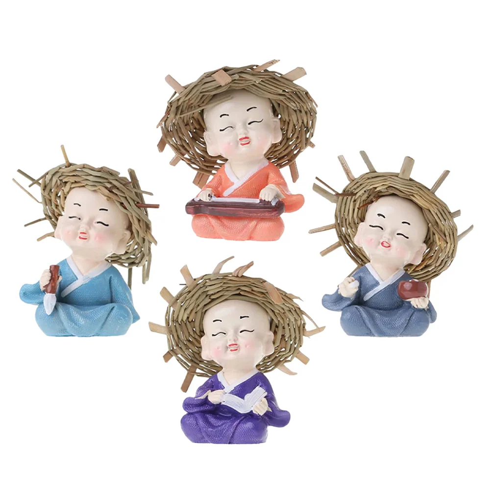 

4Pcs Small Monk Statue Resin Handcrafted Buddhist Decor for Car Dashboard Home Office Shrine Laughter Buddha Ornament