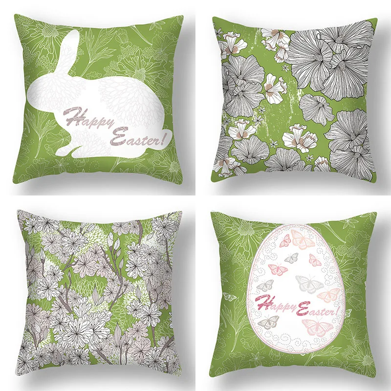 

Rabbit Flower Grass Happy Easter Decorations Pillow Case Plush Printed Bunny Egg Car Sofa Pillow Cover Lumbar Hug Throw Pillows