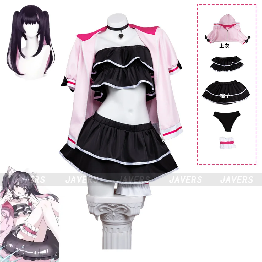 Woman Sexy Beach Bikini Suit Anime Kaguya Komazawa Noi Cosplay Costume Black Swimsuit Skirt Pink Coat Princess Cosmic Uniform view 2