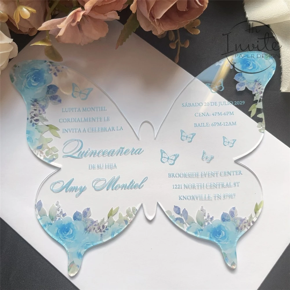 

Голубая акриловая бабочка Quinceañera Invite, голубая бабочка с цветочным приглашением на день рождения для Quince Anos
