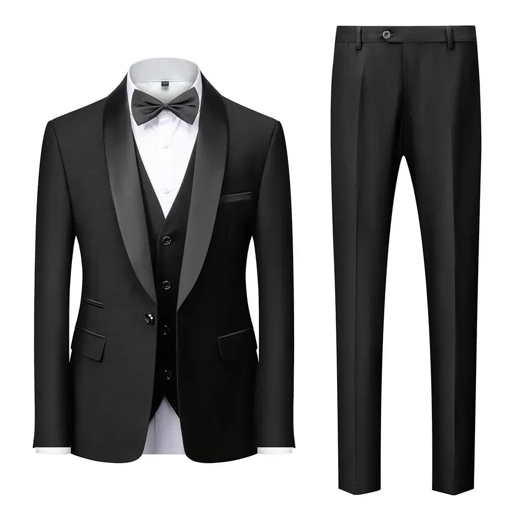 Męski garnitur czarny 3-częściowy męski biznesowy szal ślubny z klapą smokingi dla pana młodego zestaw kamizelka ze spodniami