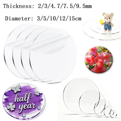 1-10Pcs Clear Circle Acrylic Sheet 5-15cm Acrylic Plexiglasss Disc Transparents Round for Painting and DIY Projects 2-9.5mmThick