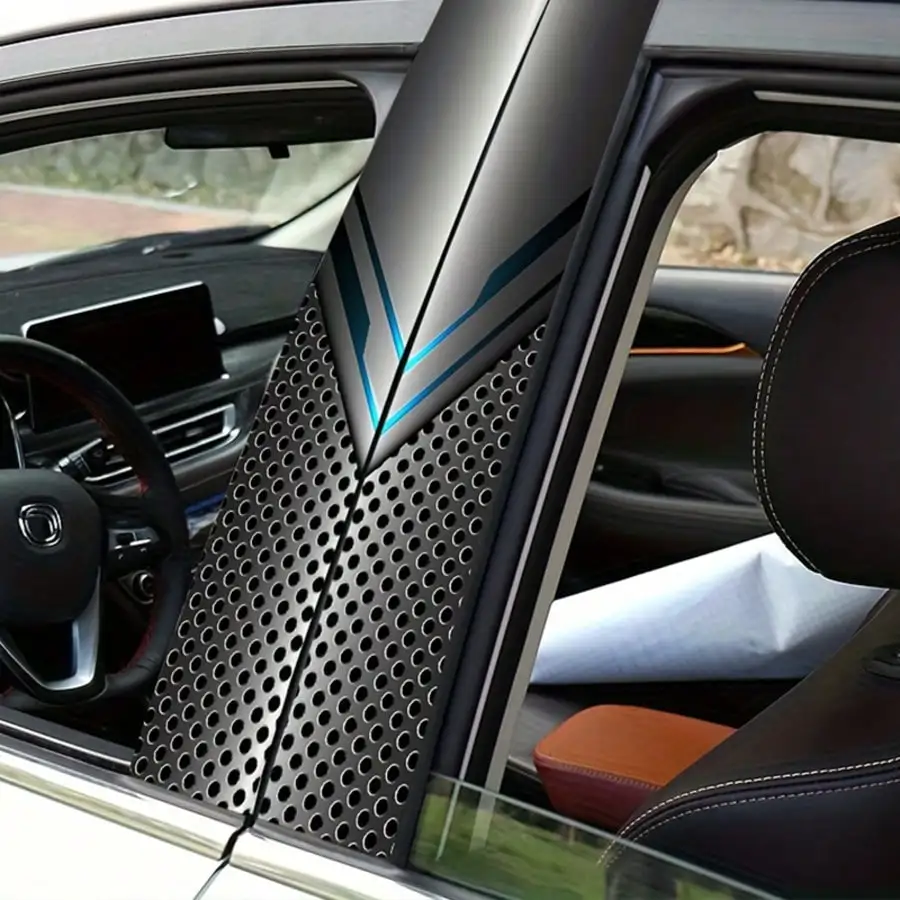 Tech Style Silver Blue V-Chevron Car Pillar Decal, Waterproof 3D Metal Texture Sticker for Car B-Pillar Post