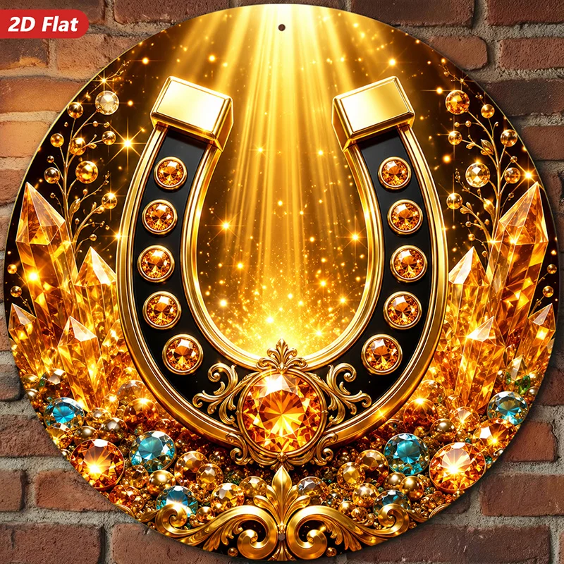 CIFBUY 1pc 2D Flat Golden Horseshoe Metal Wall Art,Sparkly Gem Design Round Iron Sign,Lucky Home Garden Wall Decor Gift