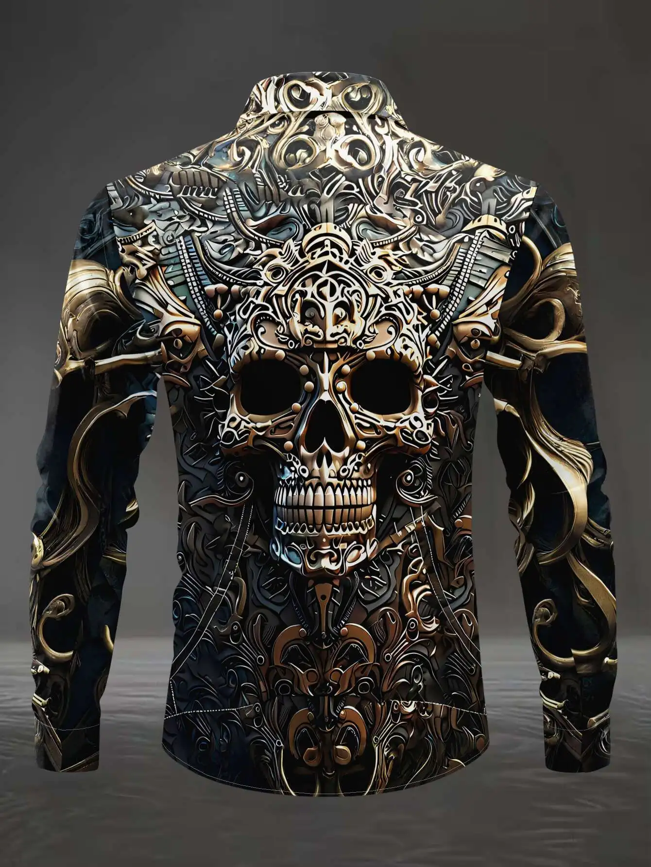 Men Gothic Golden Ornate Skull Scroll Print Long Sleeve Shirt Lapel Collar Button‑Up Polyester Punk Party Blouse