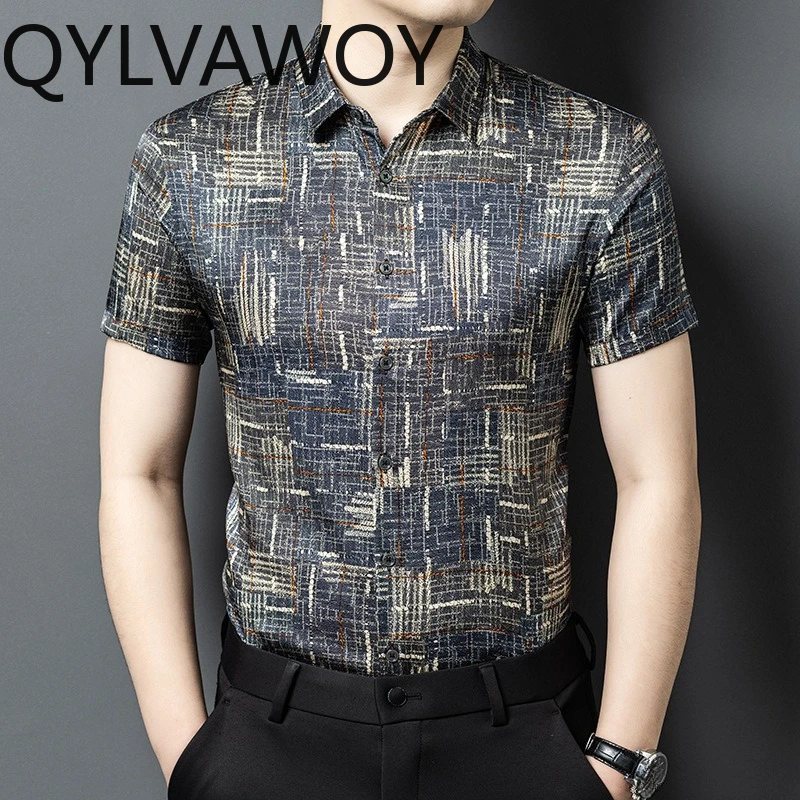 QYLVAWOY 90.8% Mulberry Silk Men's Shirts High-end Shirts for Man Printed Summer Shirt Short Sleeve Heavyweight Clothes Casual