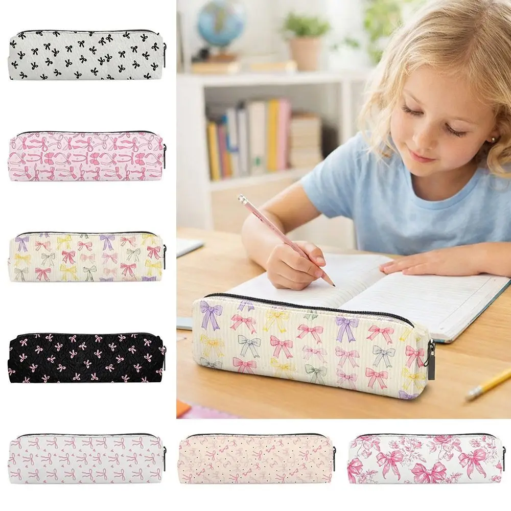 New Single-Layer Bowknot Pen Bag Zipper Closure Portable Pencil Pouch Stationery Storage Bag School Office